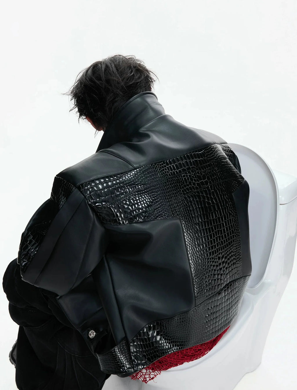 【26s Feb.】Deconstructed Croc-Embossed Asymmetric Zip Leather Jacket