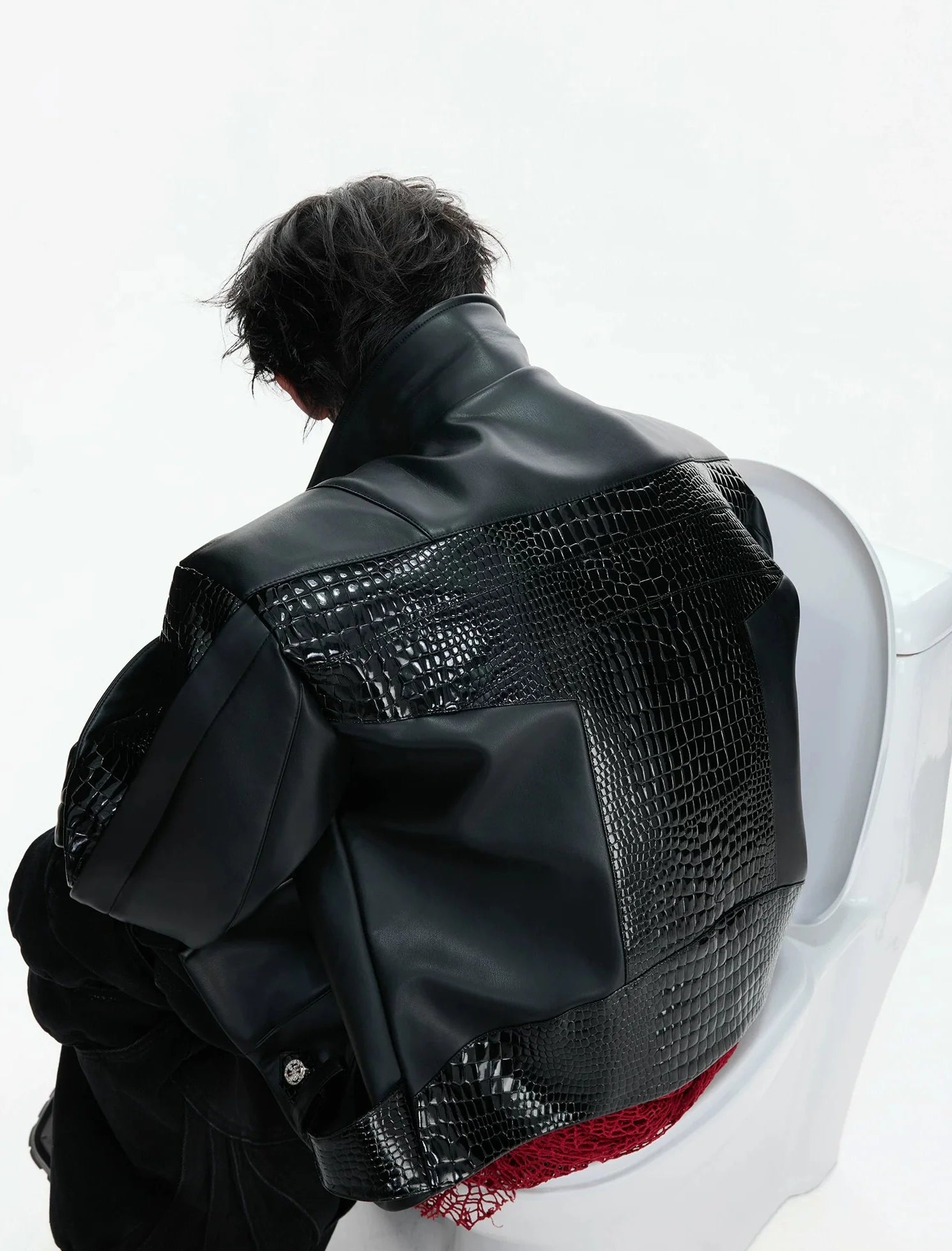 【26s Feb.】Deconstructed Croc-Embossed Asymmetric Zip Leather Jacket