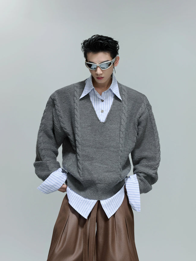 【25s Oct.】Shirt-paneled Button-down V-neck Sweater Hover Image