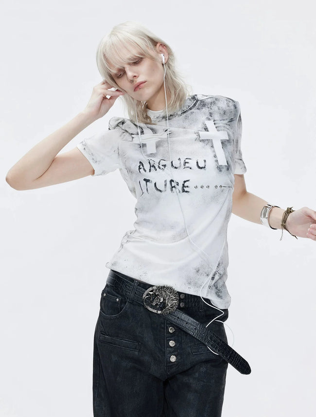 【26s May.】Distressed Cross Studded Slim Tee Hover Image