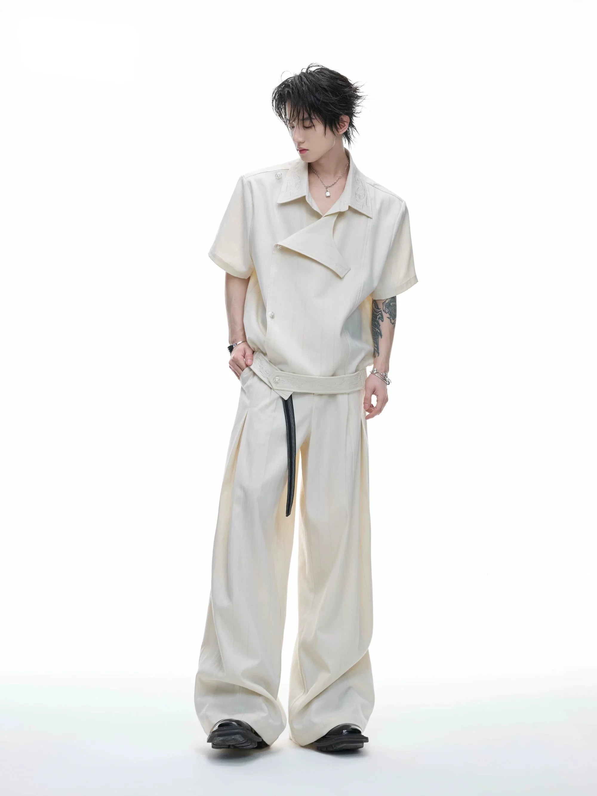 Embroidered Asymmetric Stripe Shirt Tee