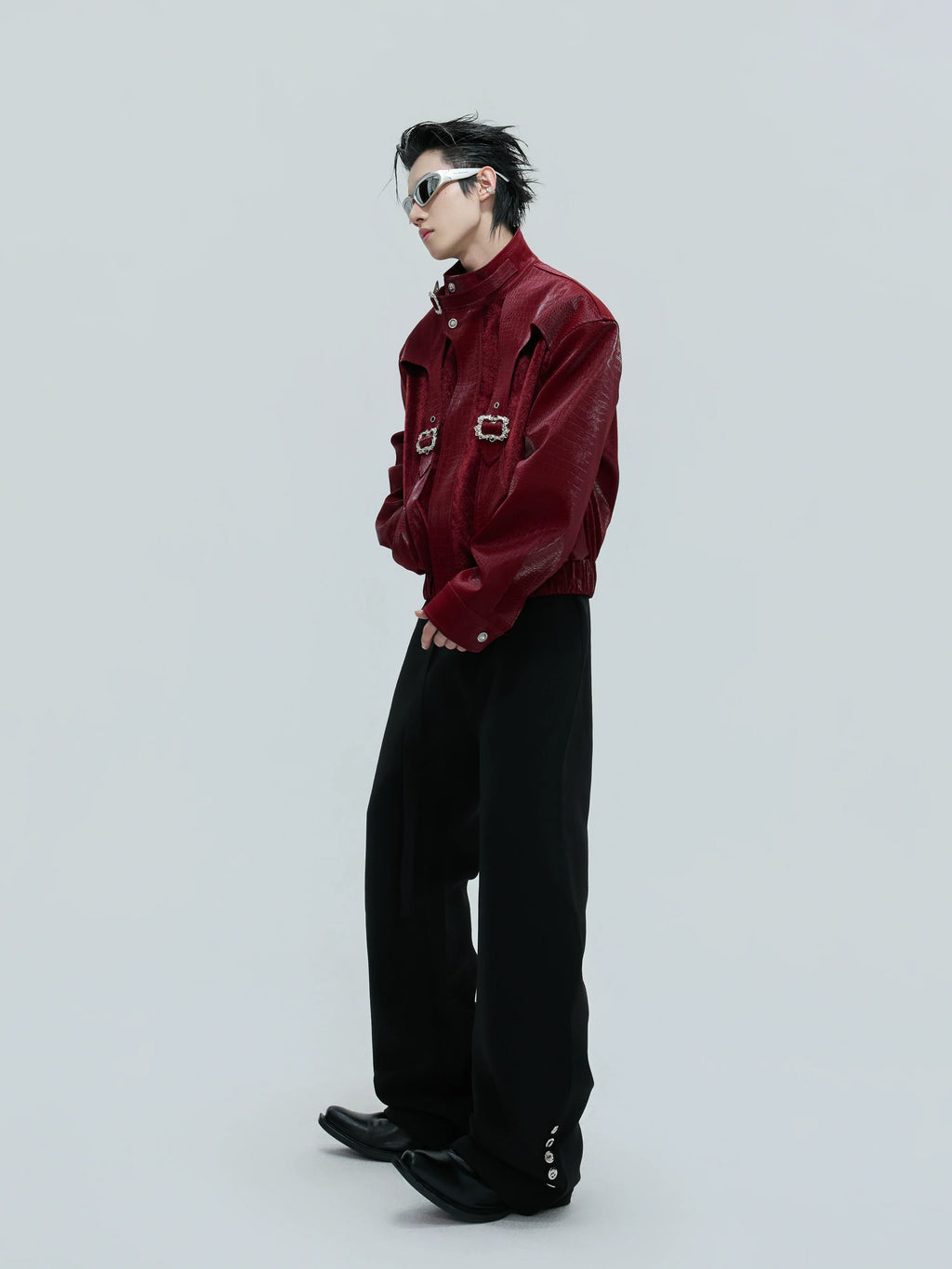 【25s Nov.】Crocodile-print Scale Cropped Leather Jacket