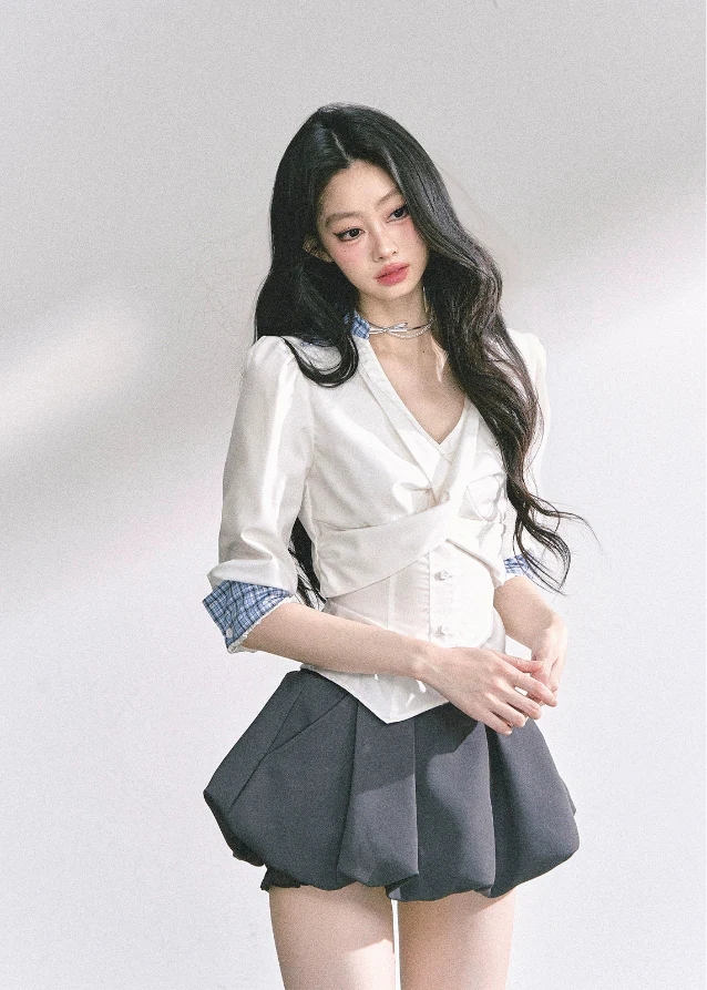 Siren Blanche Waist-Cinch V-Neck Blouse