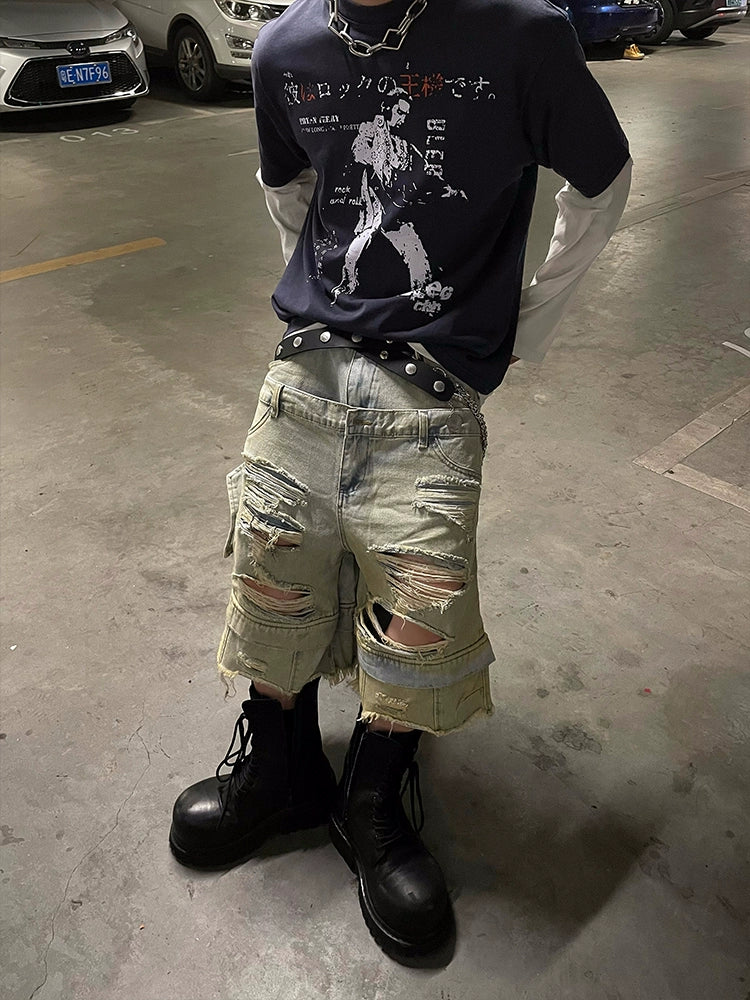 【25s Jun.】Double Waistband Dirty Wash Distressed Denim Shorts
