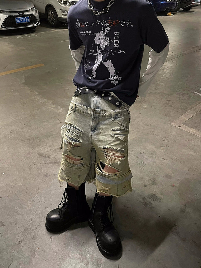 【25s Jun.】Double Waistband Dirty Wash Distressed Denim Shorts Main Image
