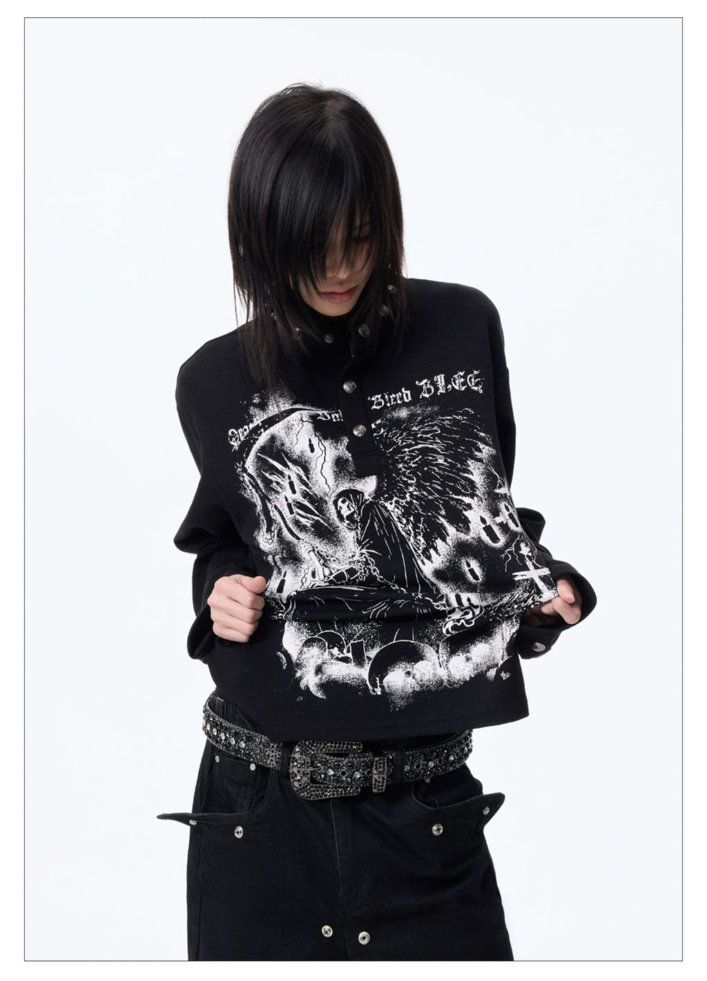 Dark Graphic Button Long Sleeve Tee