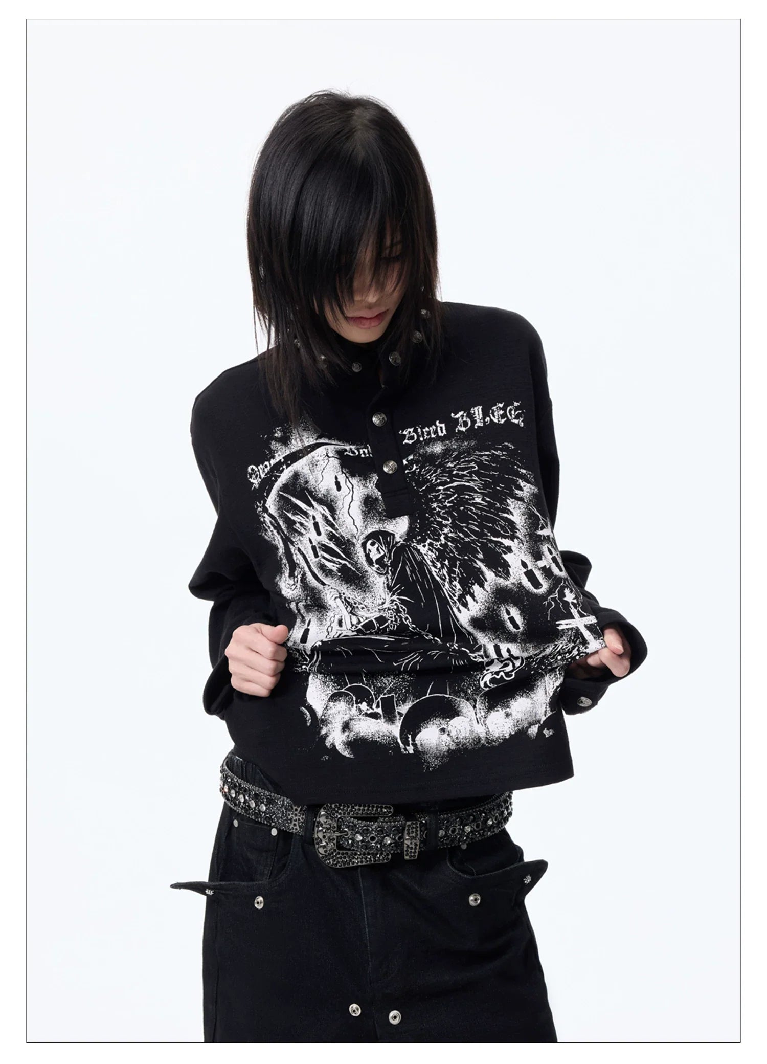Dark Graphic Button Long Sleeve Tee