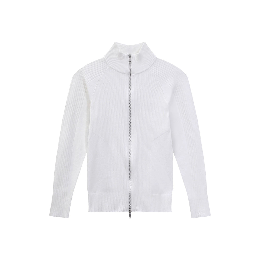 【26s Jan.】Slim-Fit Ribbed Stand Collar Double-Zip Knit Cardigan