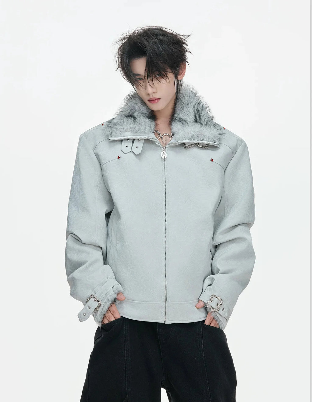 【26s Jan.】Black Python Textured Eagle Down Leather Jacket