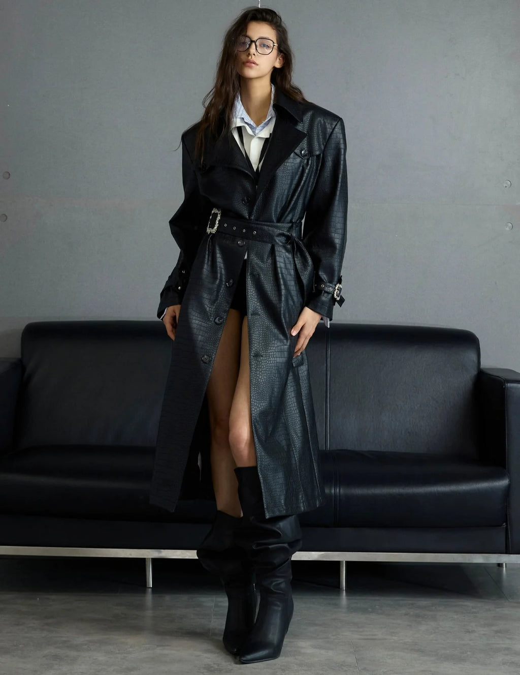 【25s Sep.】Deconstructed Crocodile-effect Metal Buttons Leather Coat