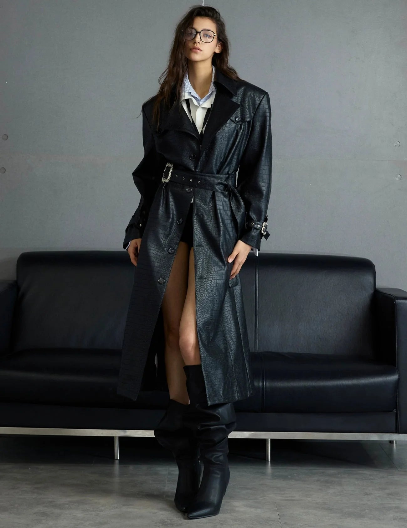 【25s Sep.】Deconstructed Crocodile-effect Metal Buttons Leather Coat