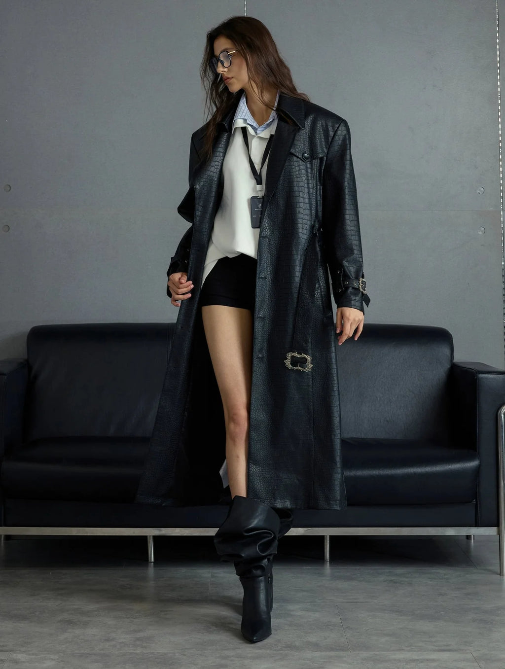 【25s Sep.】Deconstructed Crocodile-effect Metal Buttons Leather Coat