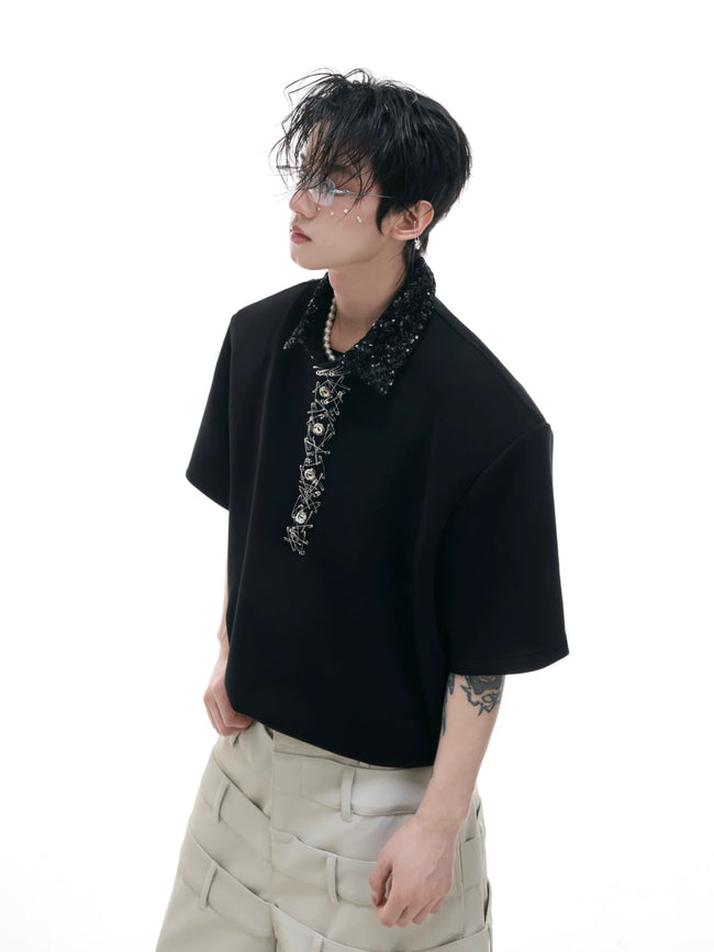 【25s Jun.】Sequined Safety Pin Polo Shirt T-shirt Hover Image