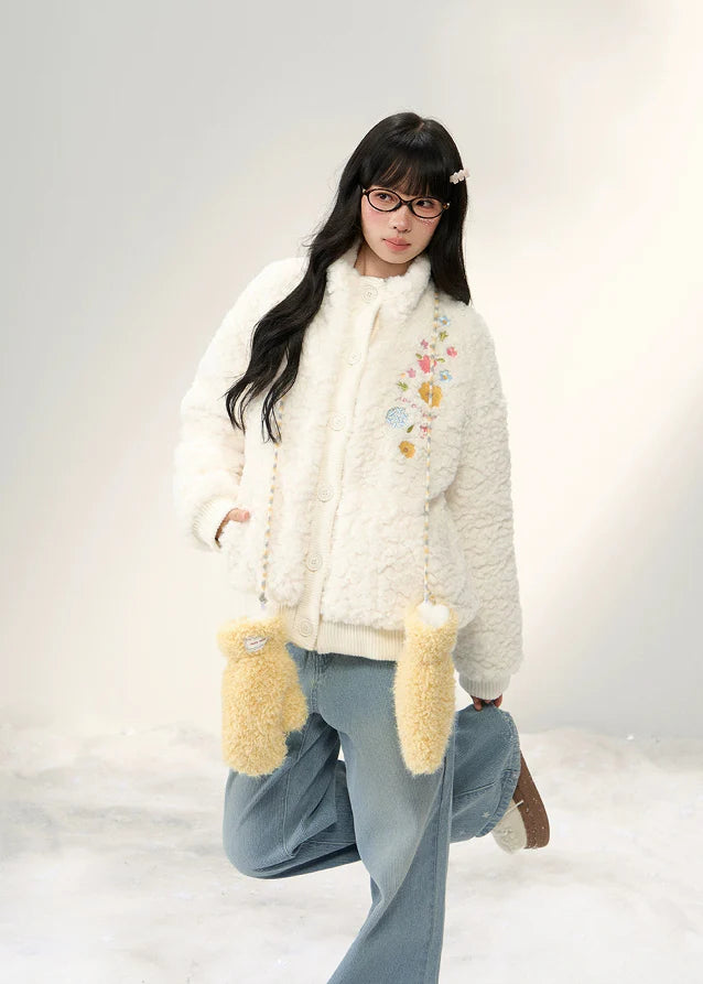 Cozy Blossom Panel Knit Fur Jacket