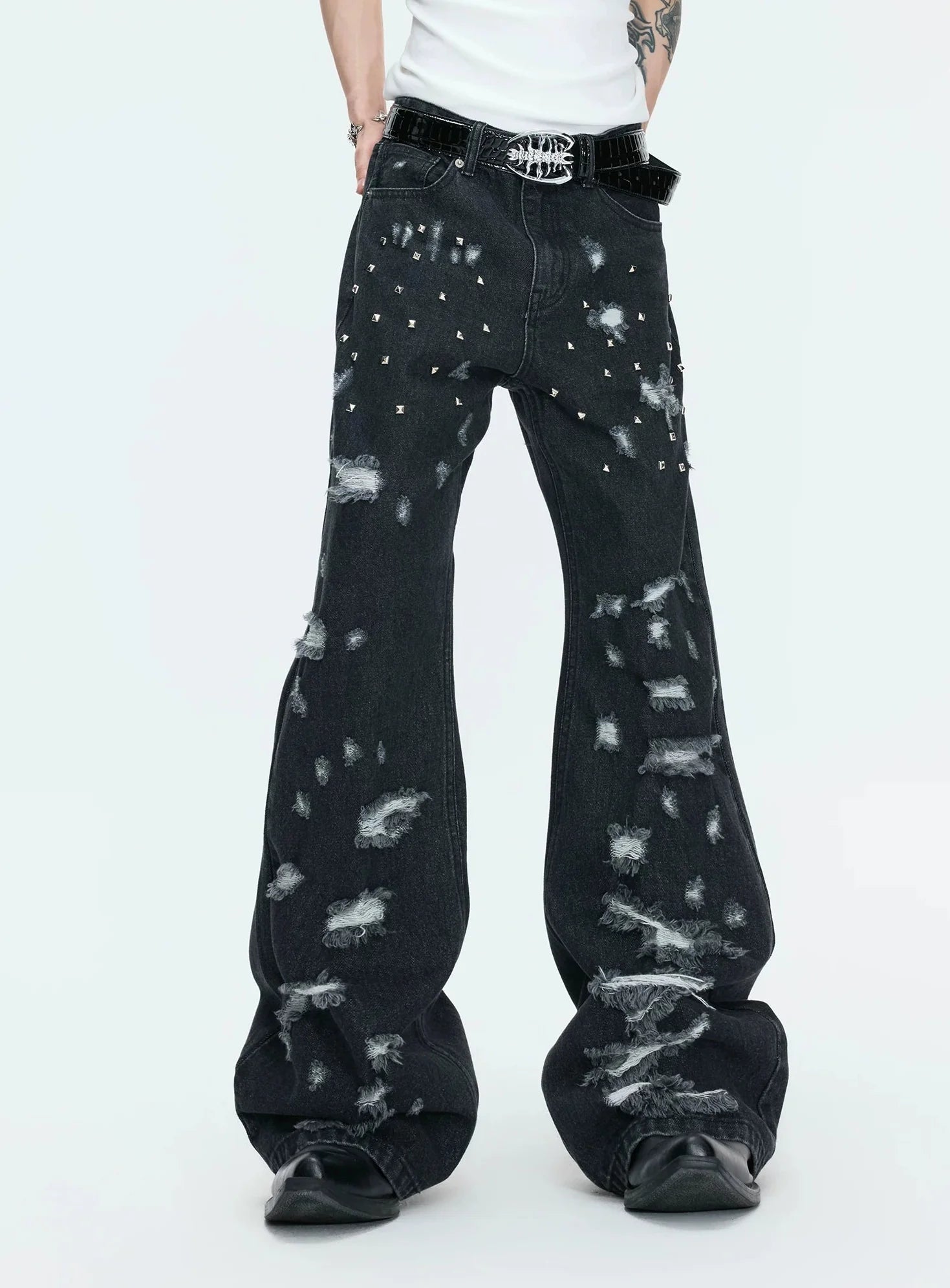 【26s Apr.】Distressed Studded Irregular Flared Denim Pants