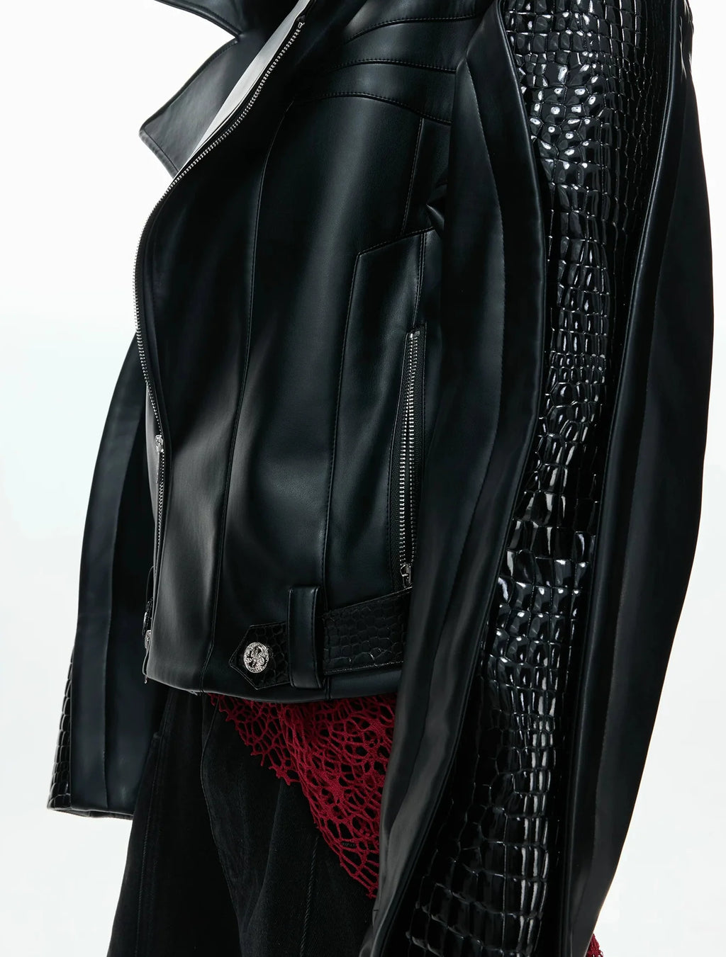 【26s Feb.】Deconstructed Croc-Embossed Asymmetric Zip Leather Jacket