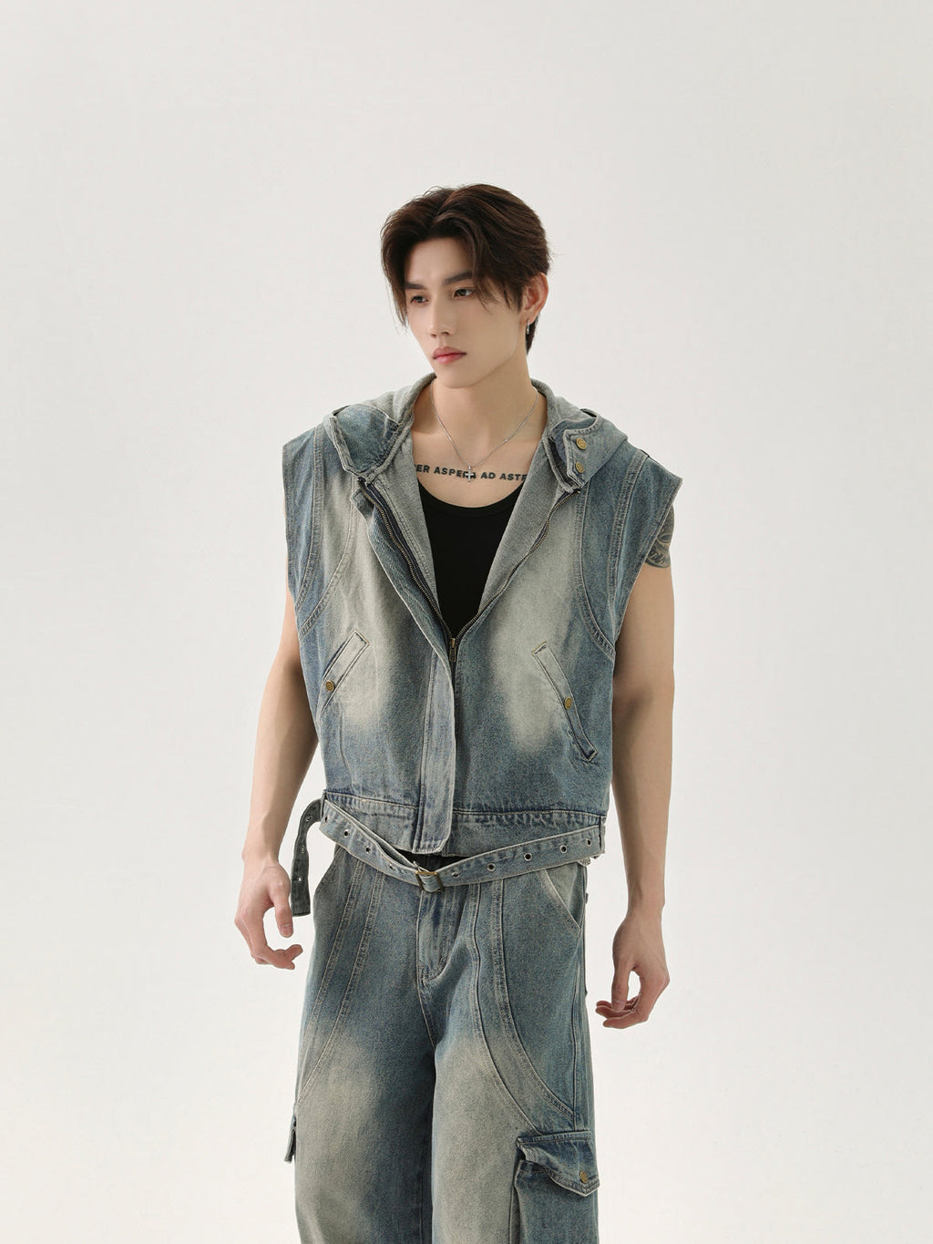 【25s Apr.】Vintage Distressed Denim Vest Vest Patchwork Trousers Casual Suit