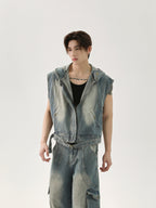 【25s Apr.】Vintage Distressed Denim Vest Vest Patchwork Trousers Casual Suit