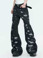 【26s Apr.】Distressed Studded Irregular Flared Denim Pants