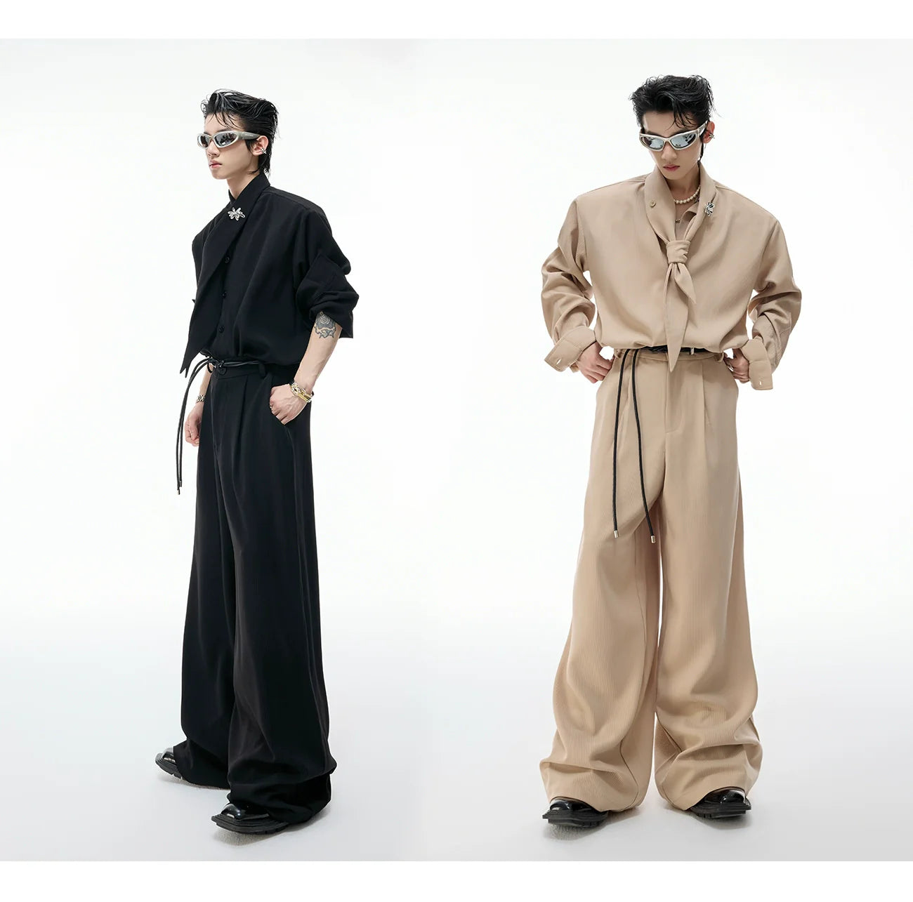 【26s Apr.】Scarf Shoulder Pad Shirt / Drape Wide-leg Pants