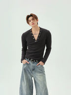 【25s Jun.】Button V-Neck Slim Fit Shirt