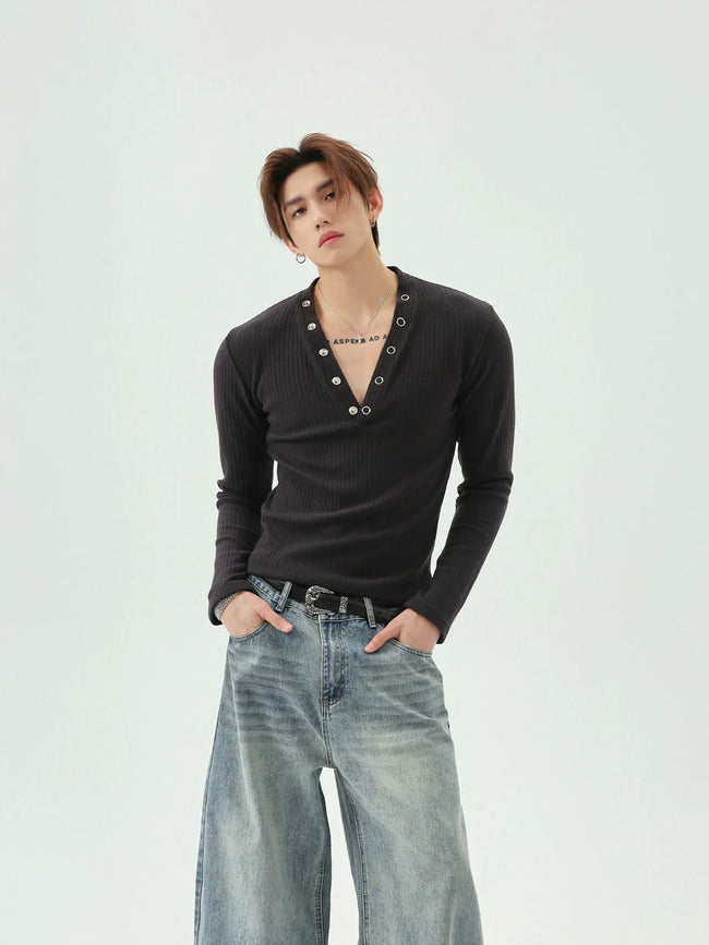 【25s Jun.】Button V-Neck Slim Fit Shirt Hover Image