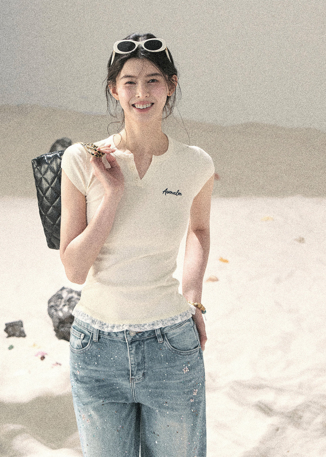 Langyu Letter Lace-Hem Baby Tee