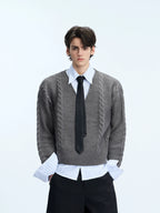 【25s Oct.】Shirt-paneled Button-down V-neck Sweater