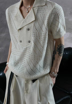 Openwork Embroidered Knit Polo Tee