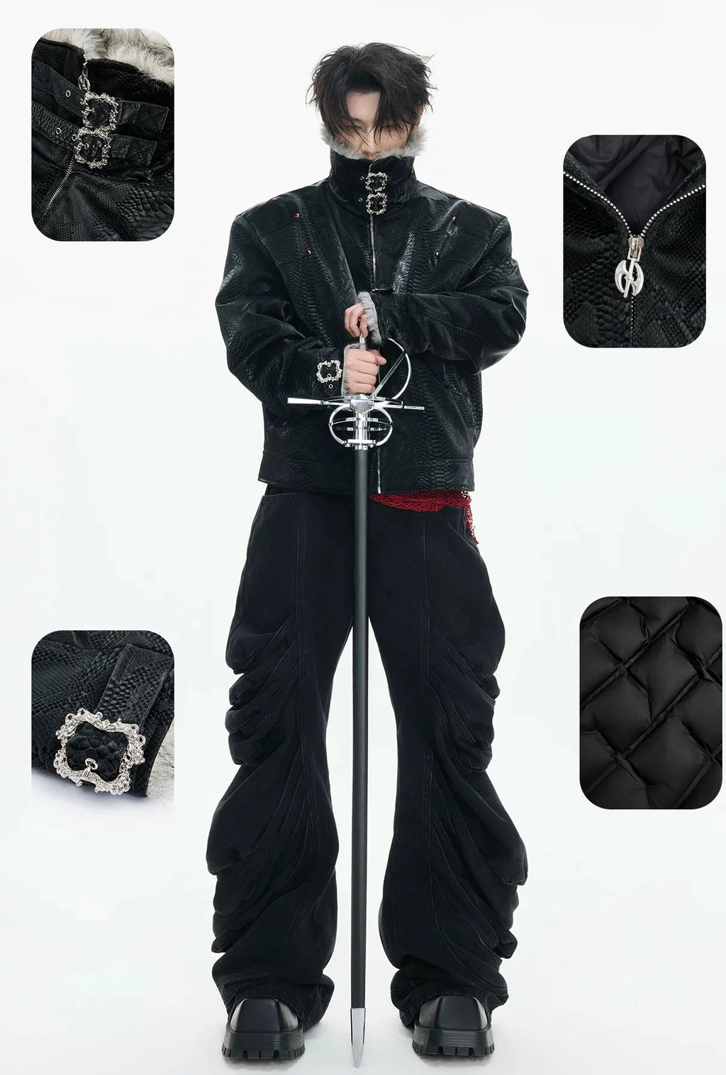 【26s Jan.】Black Python Textured Eagle Down Leather Jacket
