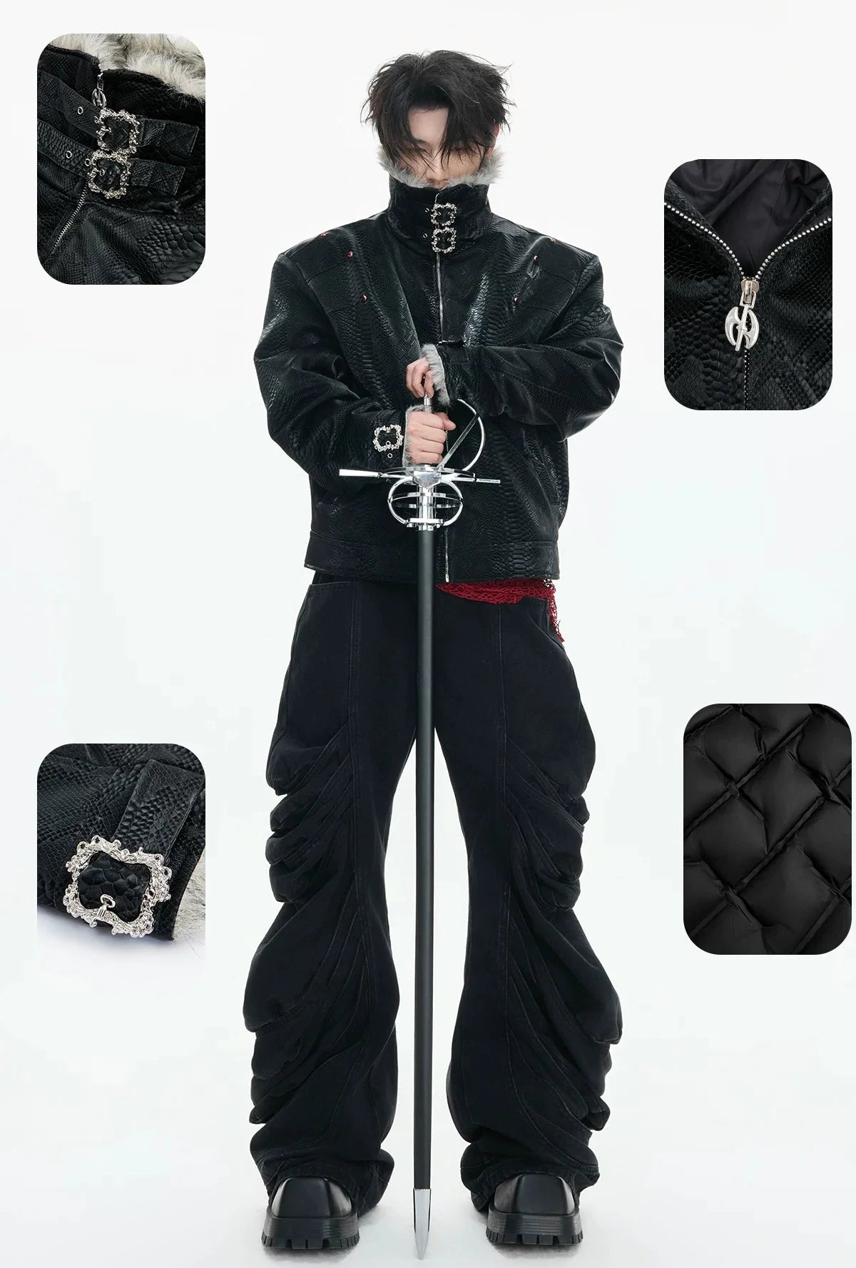 【26s Jan.】Black Python Textured Eagle Down Leather Jacket