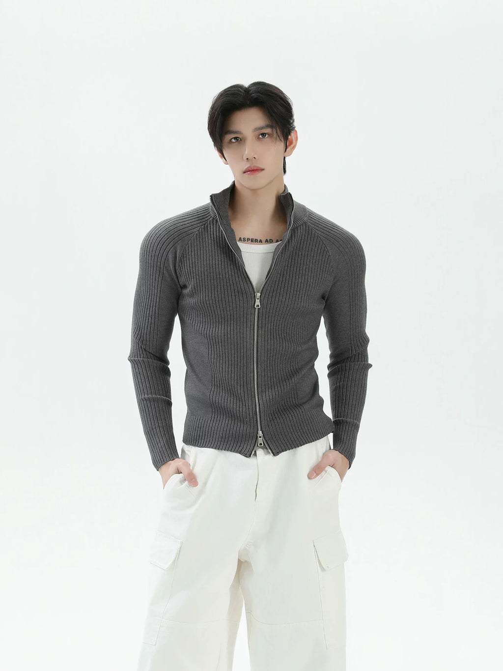 【26s Jan.】Slim-Fit Ribbed Stand Collar Double-Zip Knit Cardigan