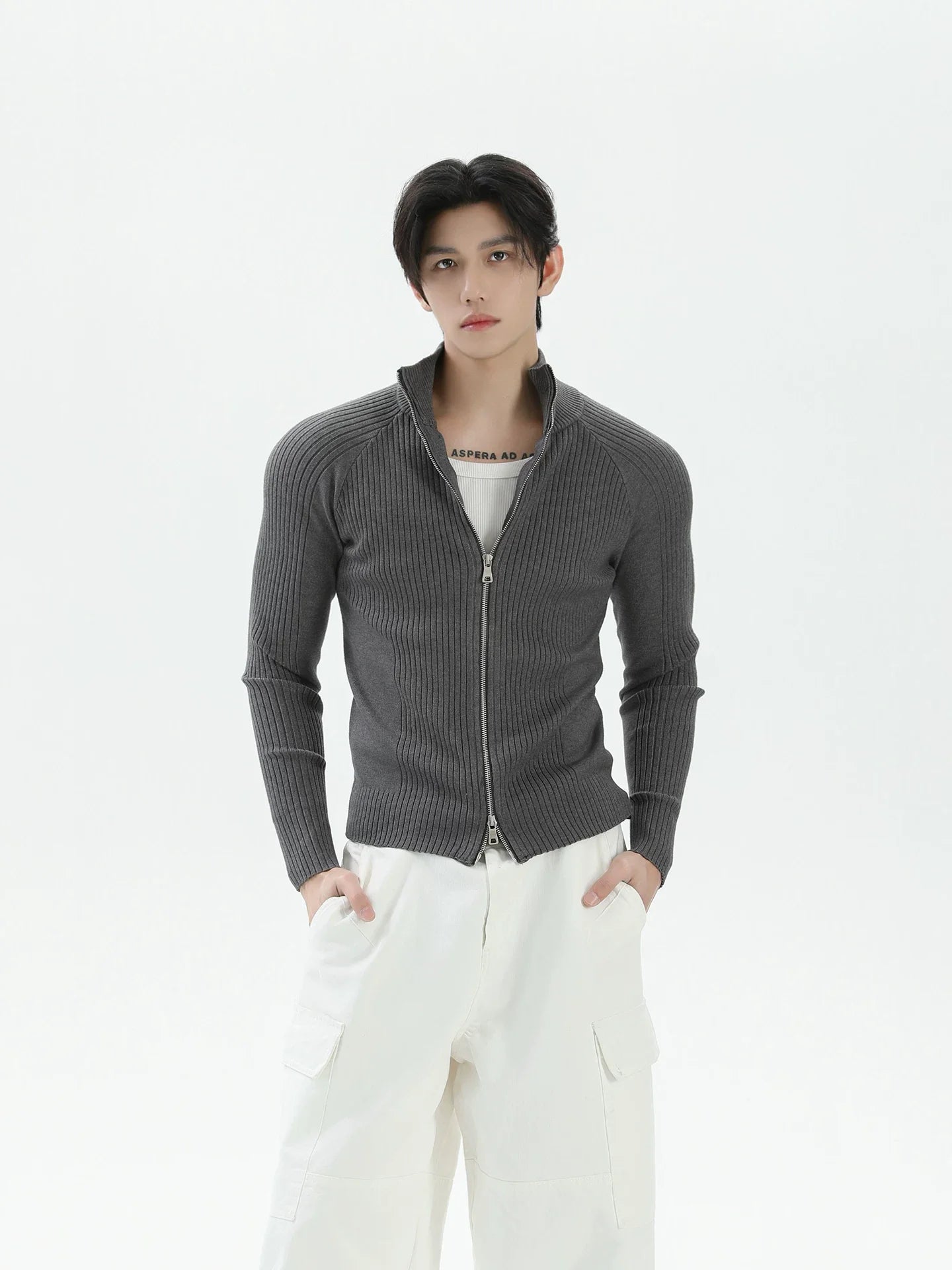 【26s Jan.】Slim-Fit Ribbed Stand Collar Double-Zip Knit Cardigan