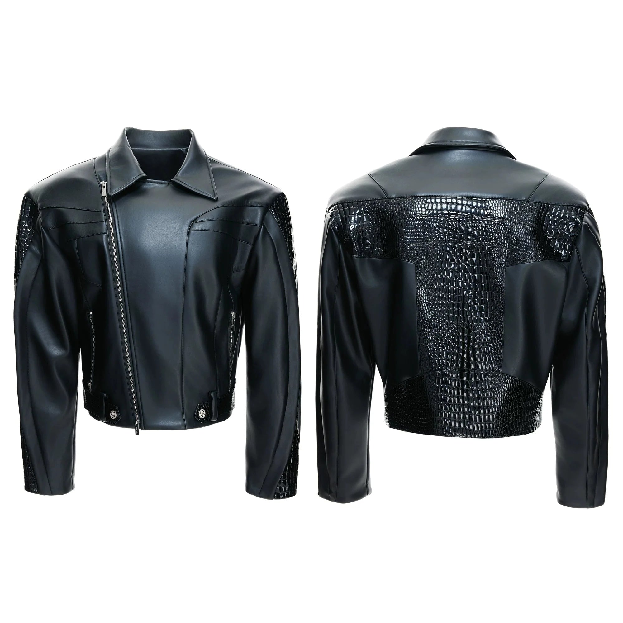 【26s Feb.】Deconstructed Croc-Embossed Asymmetric Zip Leather Jacket