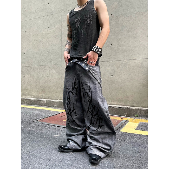 【25s Jun.】Vintage Washed Distressed Colorblock Thorn Print Jeans Hover Image