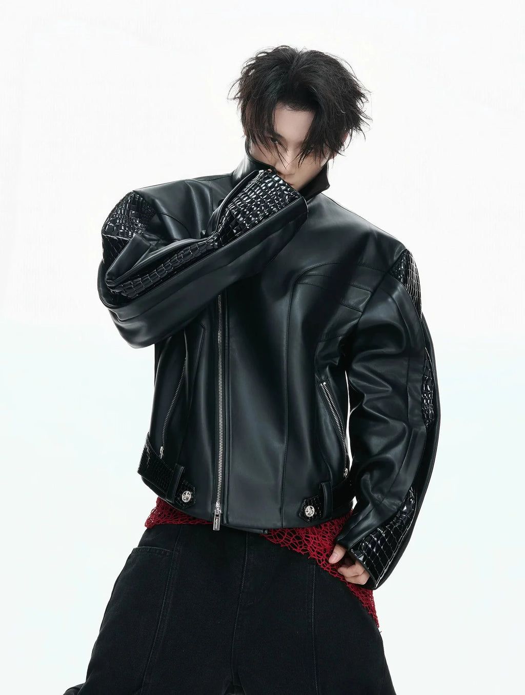 【26s Feb.】Deconstructed Croc-Embossed Asymmetric Zip Leather Jacket