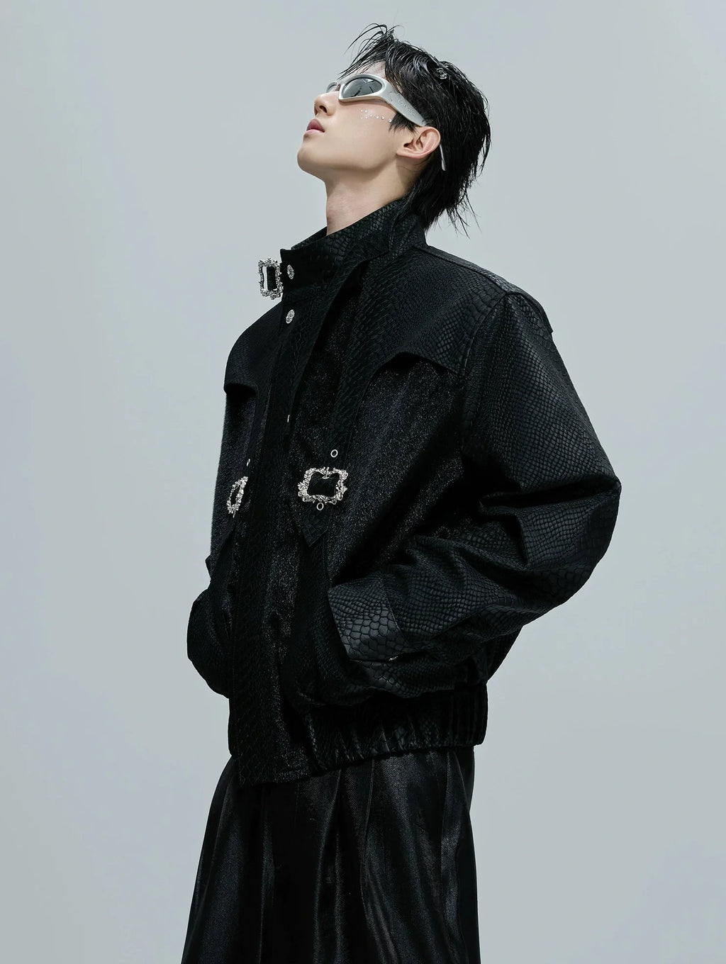 【25s Nov.】Crocodile-print Scale Cropped Leather Jacket