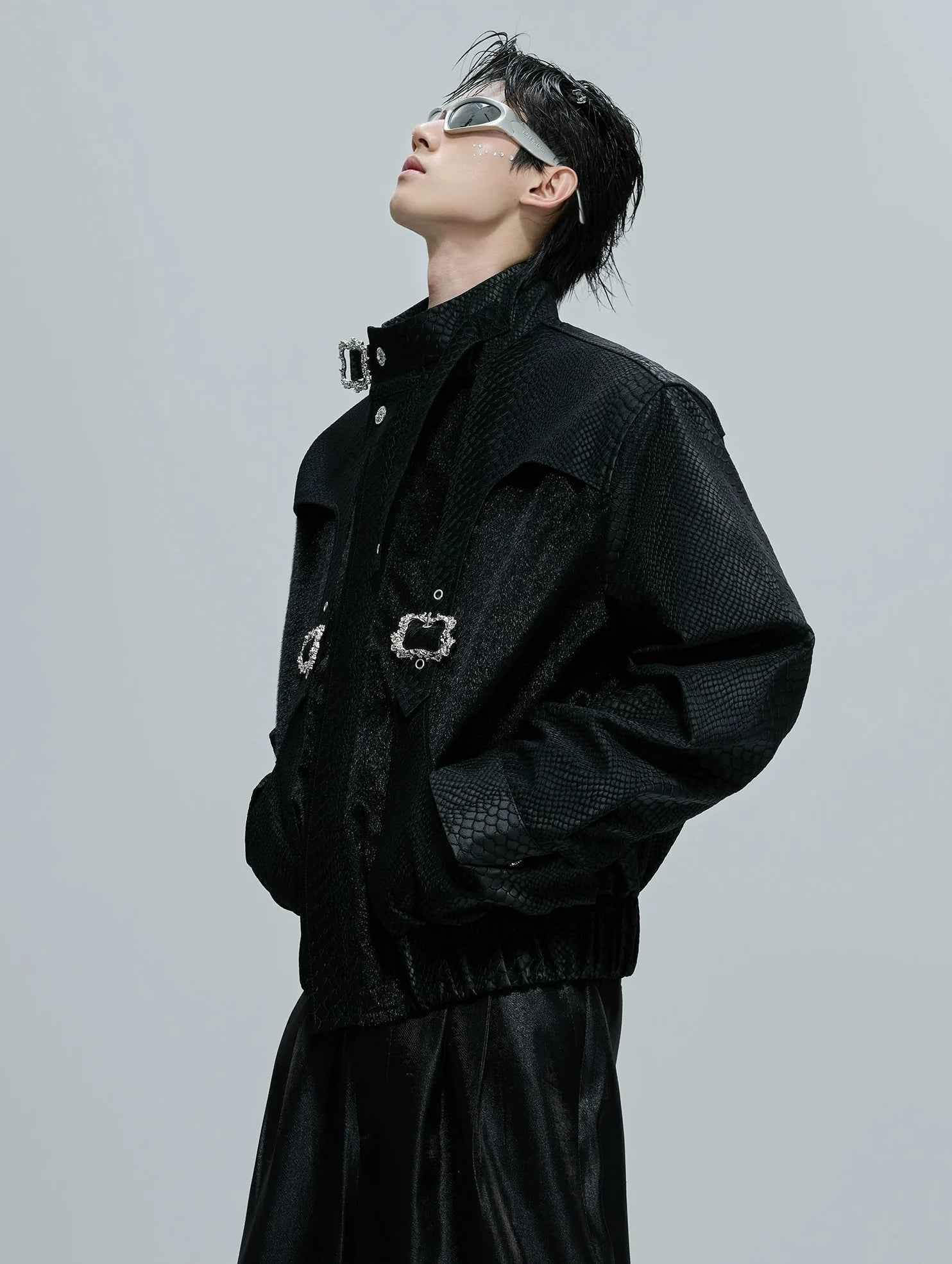 【25s Nov.】Crocodile-print Scale Cropped Leather Jacket