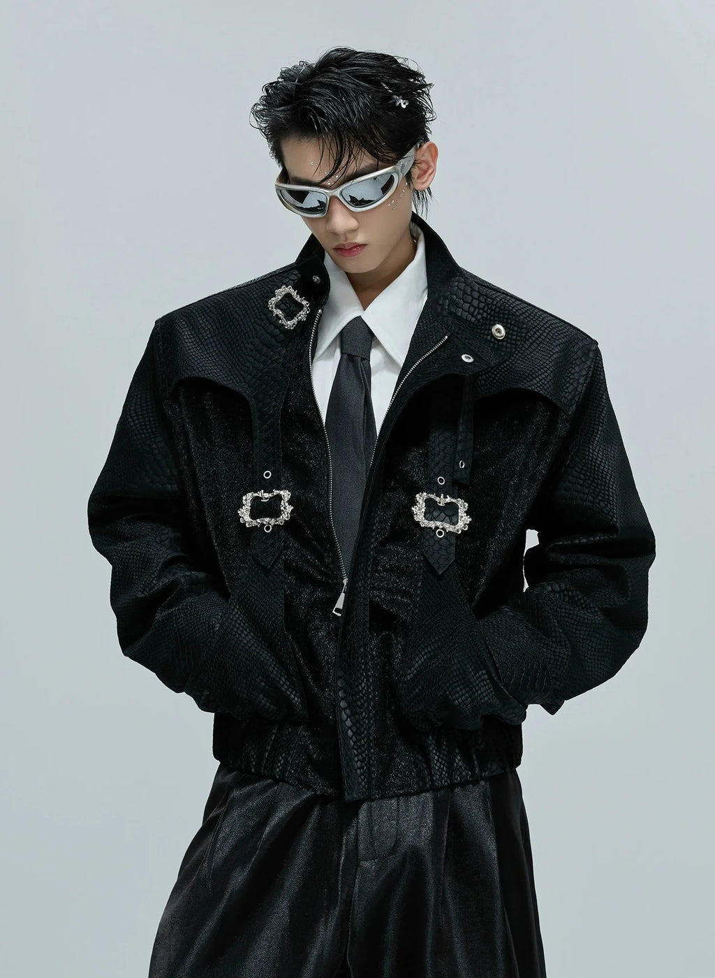 【25s Nov.】Crocodile-print Scale Cropped Leather Jacket