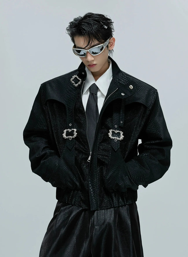 【25s Nov.】Crocodile-print Scale Cropped Leather Jacket Hover Image