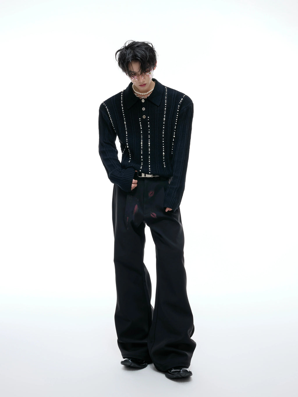 【25s Aug.】Pearl-Embellished Knit Polo Shirt