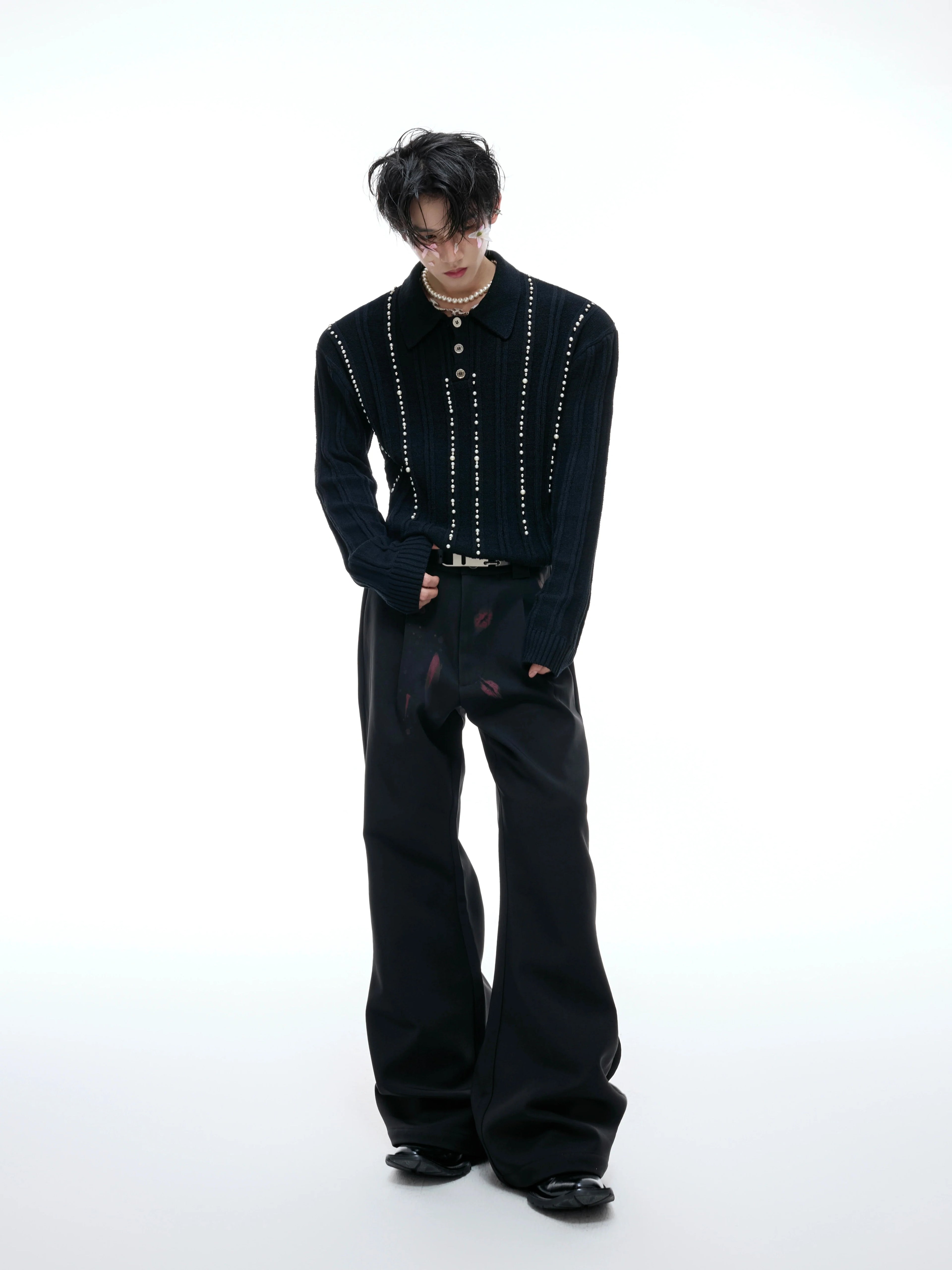 【25s Aug.】Pearl-Embellished Knit Polo Shirt