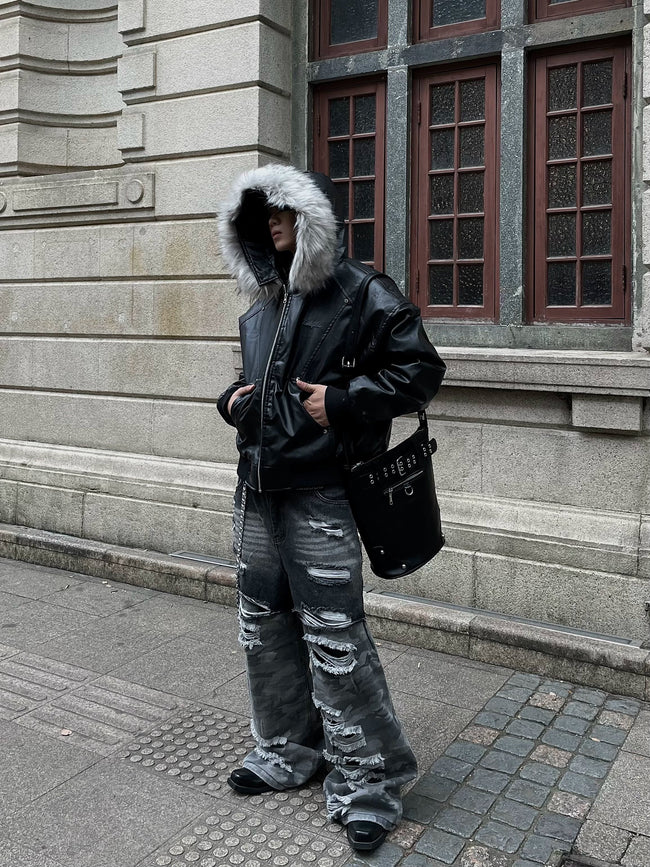 【24s Nov.】Designed Detachable Fur Collar Hooded Leather Jacket Main Image