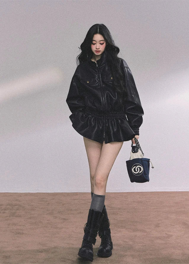 Noir Élégance Sculpted PU Moto Jacket