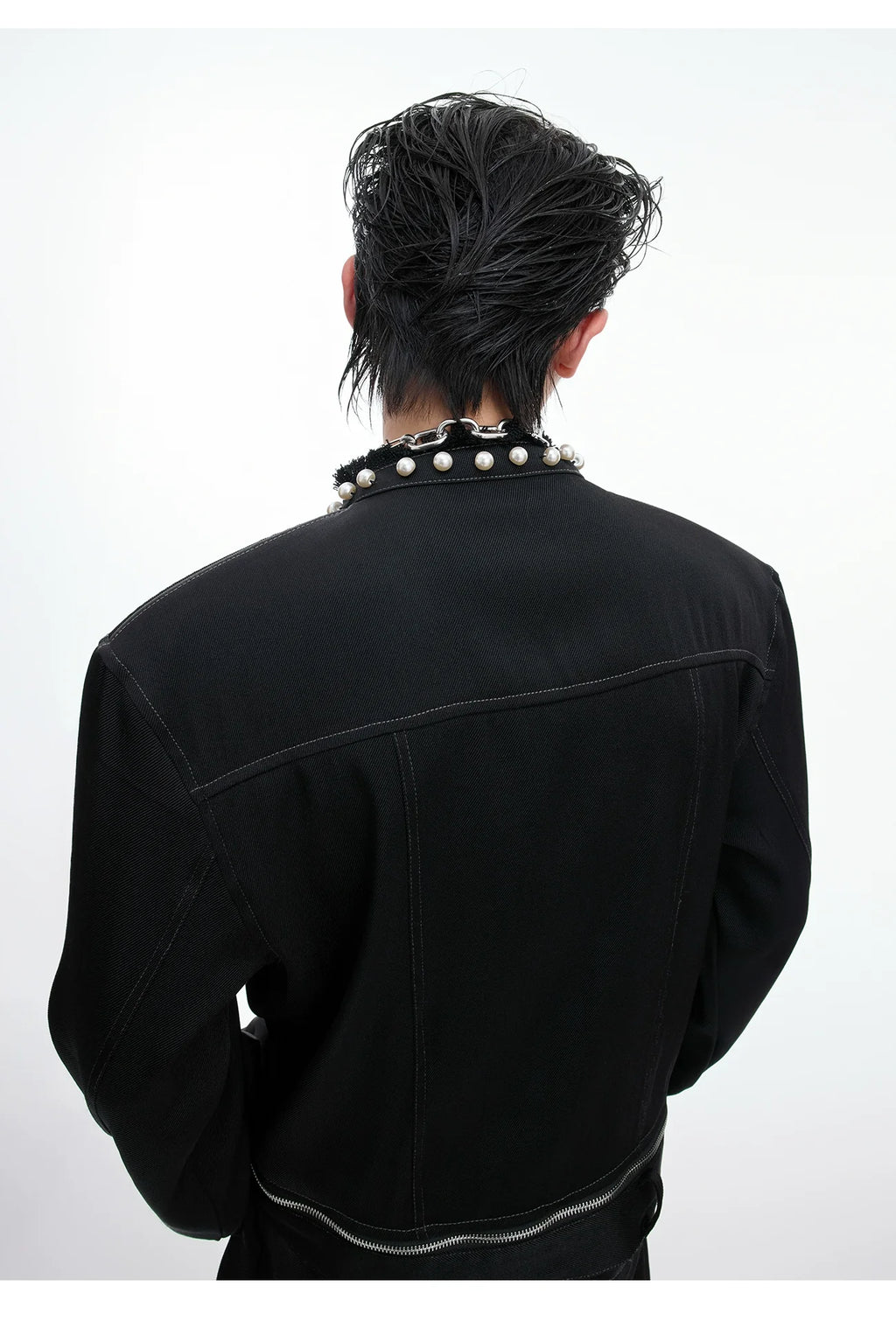 【26s Apr.】Pearl Embellishment Elegant Collarless Loose Denim Jacket / Jeans