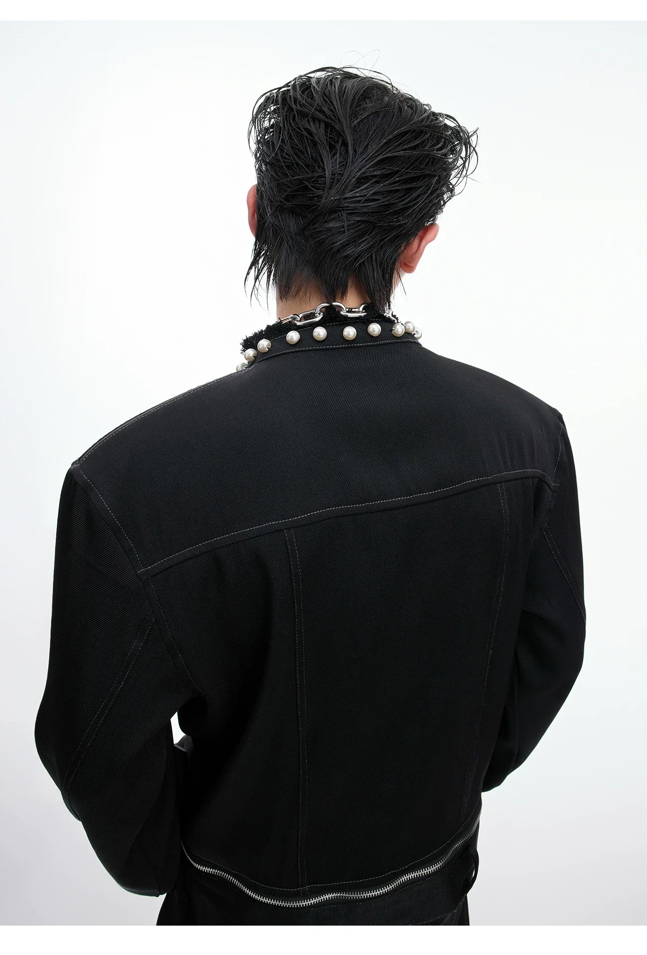 【26s Apr.】Pearl Embellishment Elegant Collarless Loose Denim Jacket / Jeans