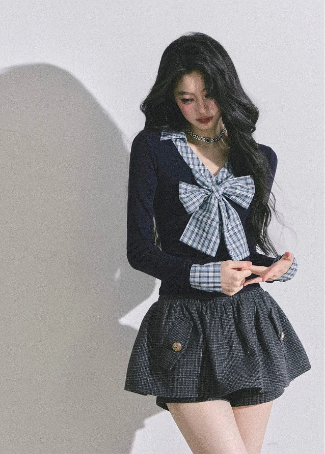 K-Idol Plaid Bow Layered Top Hover Image