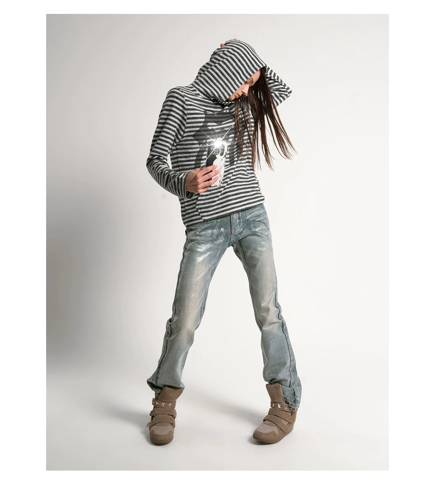 Ice Blue Crack Washed Flared Denim Jeans