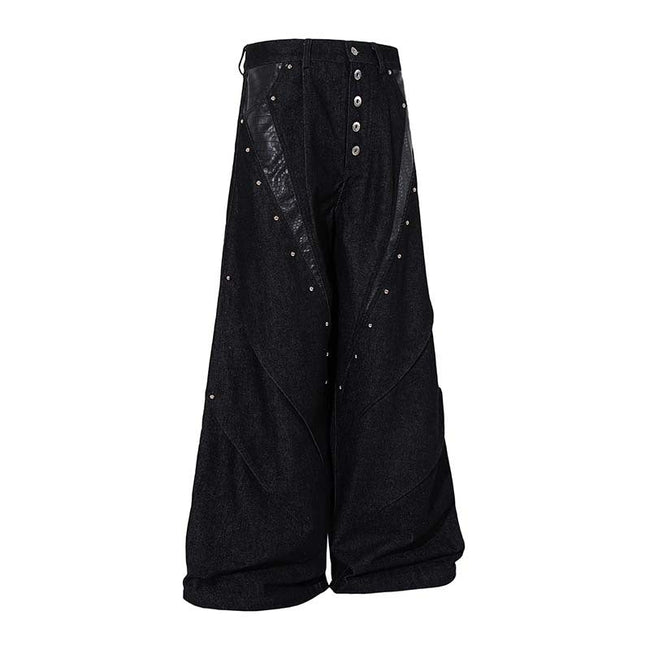Studded Patchwork Washed Wide-Leg Denim Pants Main Image