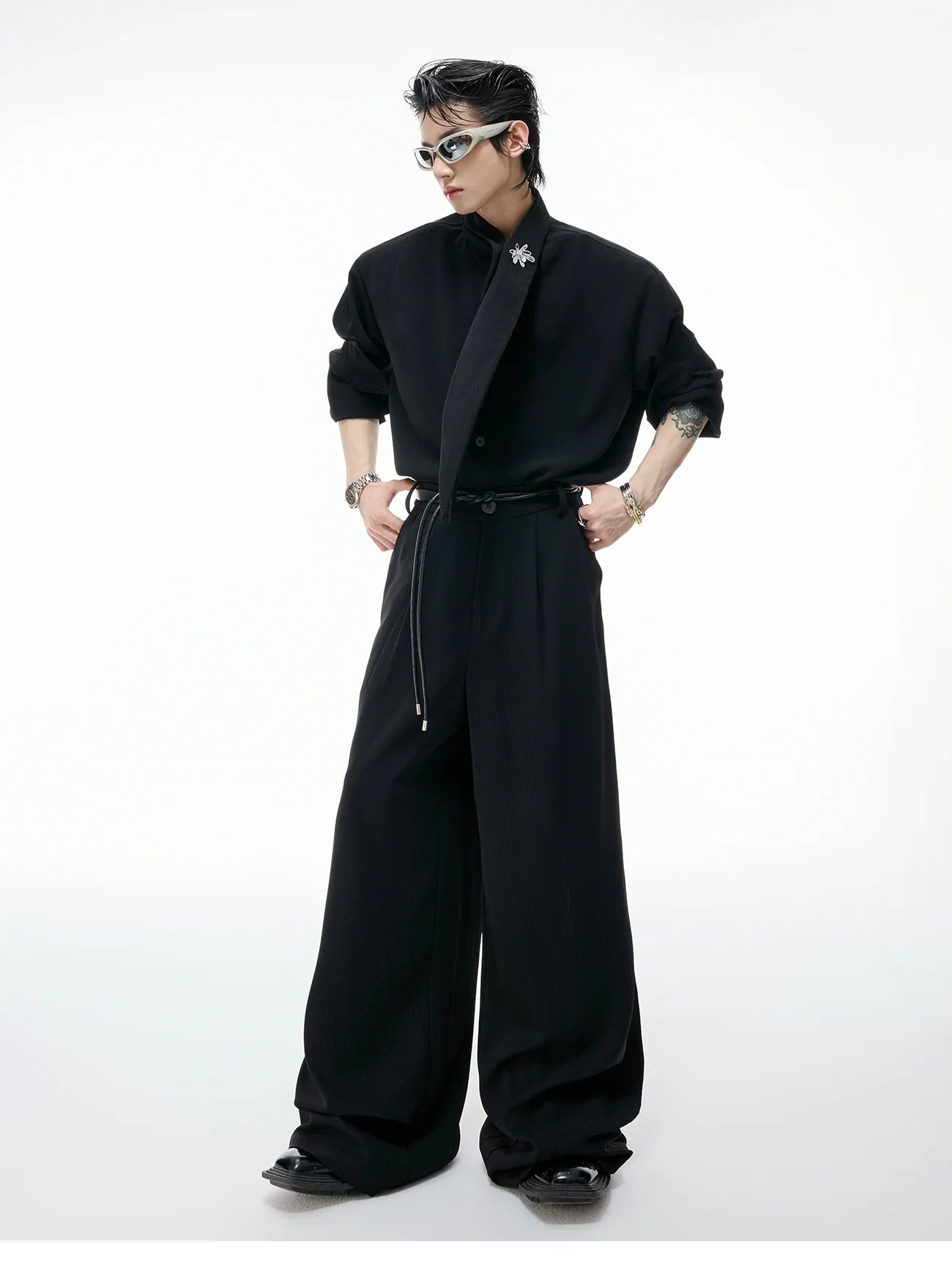 【26s Apr.】Scarf Shoulder Pad Shirt / Drape Wide-leg Pants